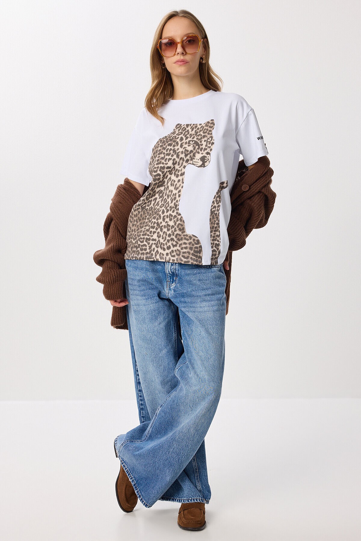 Leopar Baskılı Pamuklu Örme T-shirt BEYAZ LAN0069