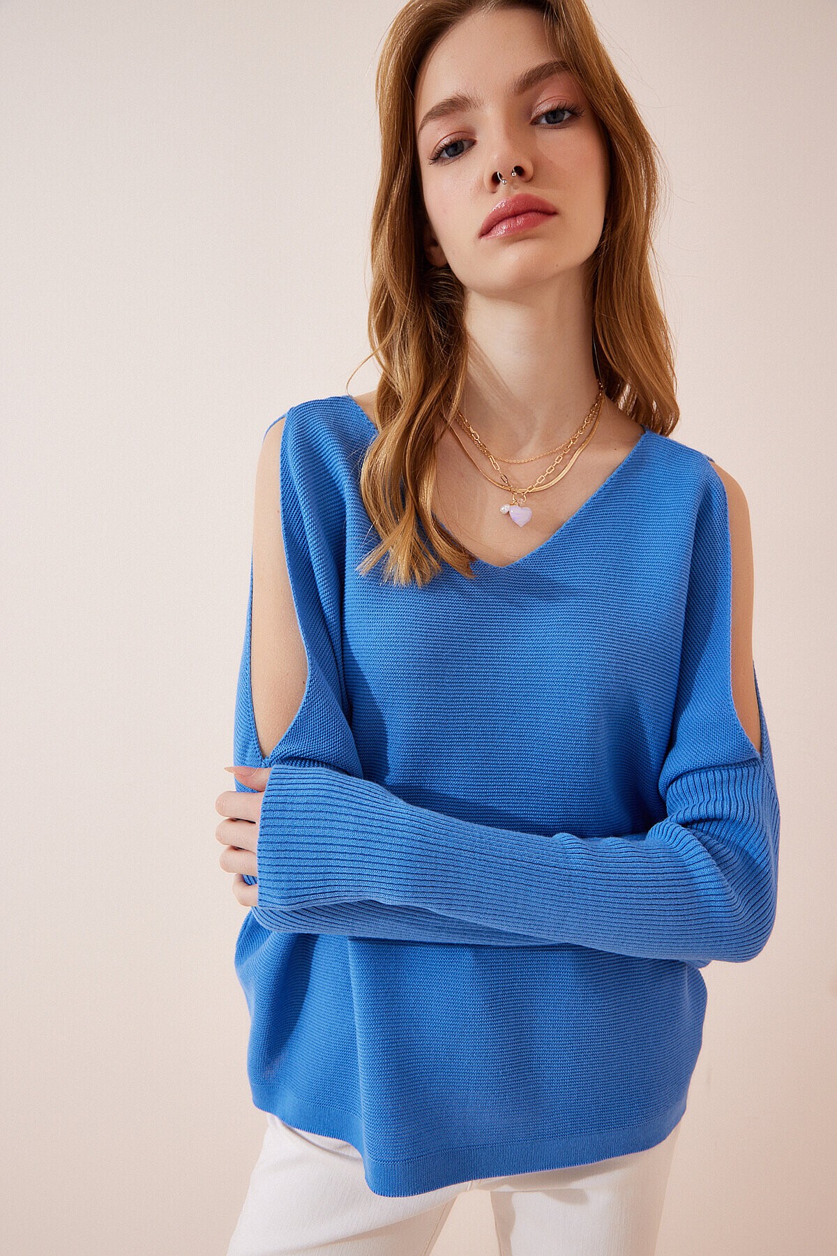 Omuzu Pencereli Oversize Triko Kazak İNDİGO MAVİ LAS0004