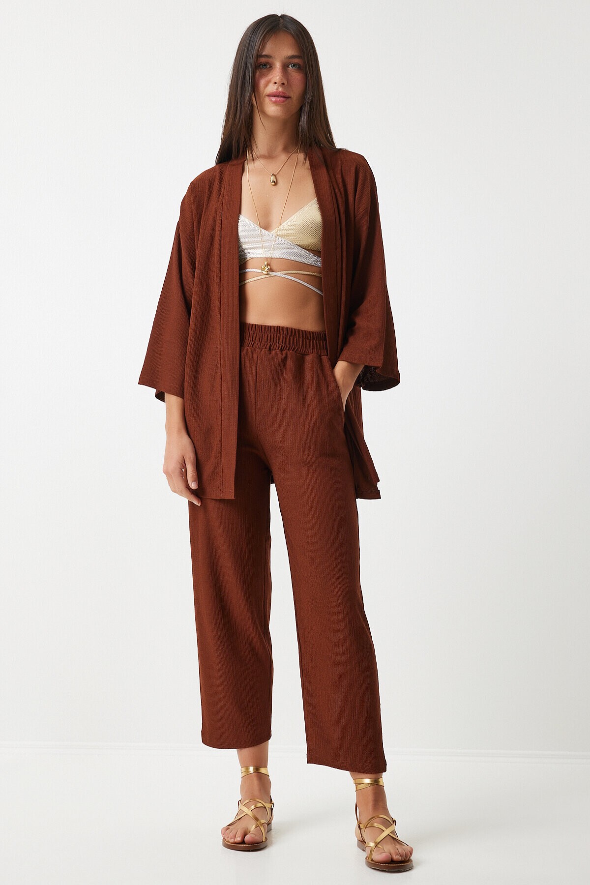 Örme Kimono Pantolon Takımı KAHVERENGİ LBY0001