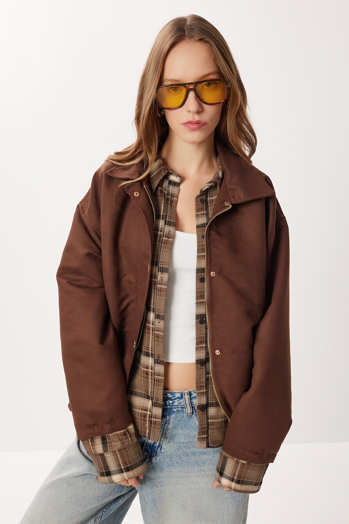 Oversize Suni Süet Bomber Ceket KAHVERENGİ LAN0081