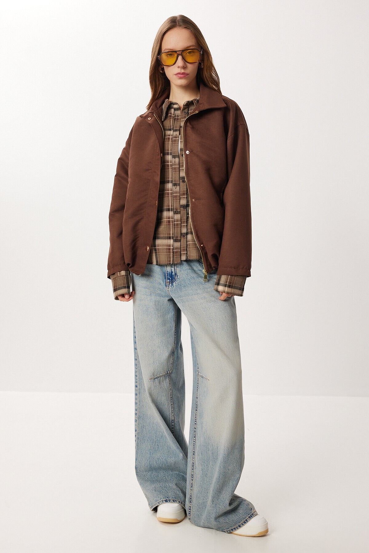 Oversize Suni Süet Bomber Ceket KAHVERENGİ LAN0081