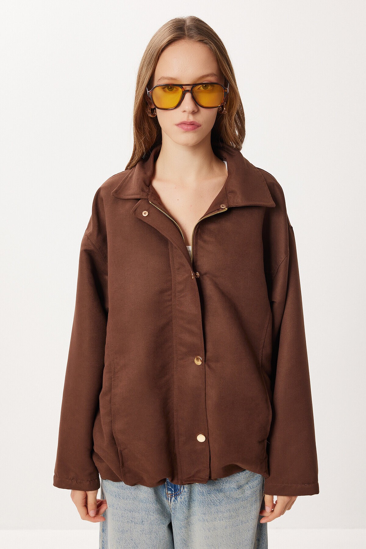 Oversize Suni Süet Bomber Ceket KAHVERENGİ LAN0081