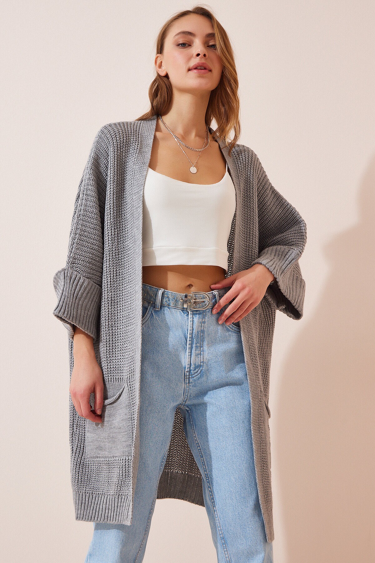 Oversize Uzun Cepli Triko Hırka GRİ LAS0007