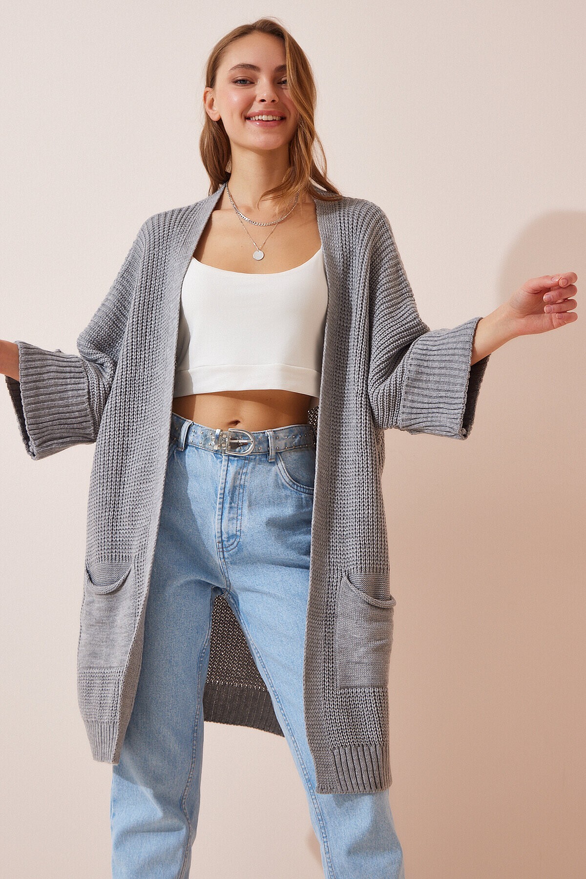 Oversize Uzun Cepli Triko Hırka GRİ LAS0007