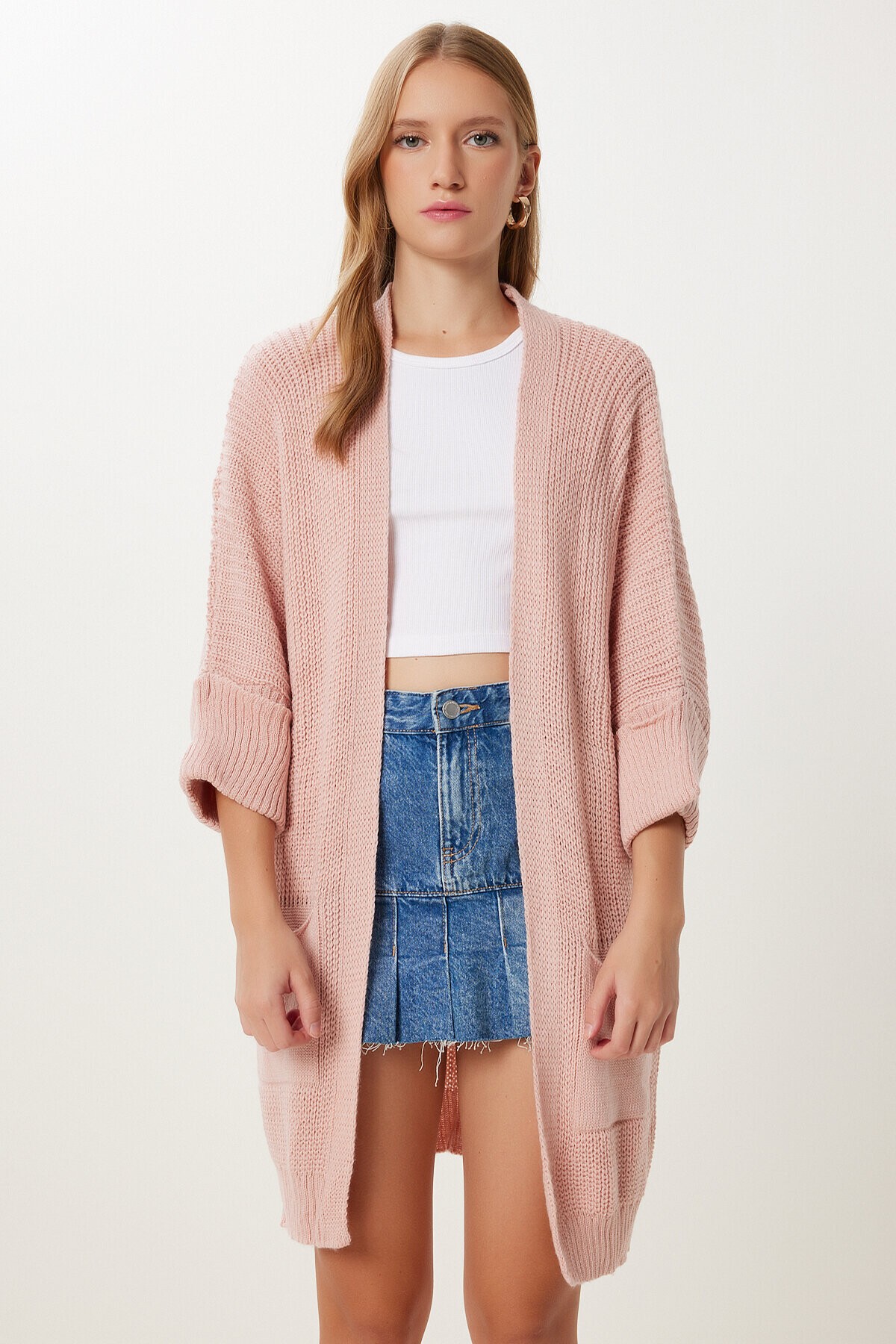Oversize Uzun Cepli Triko Hırka PEMBE LAS0007