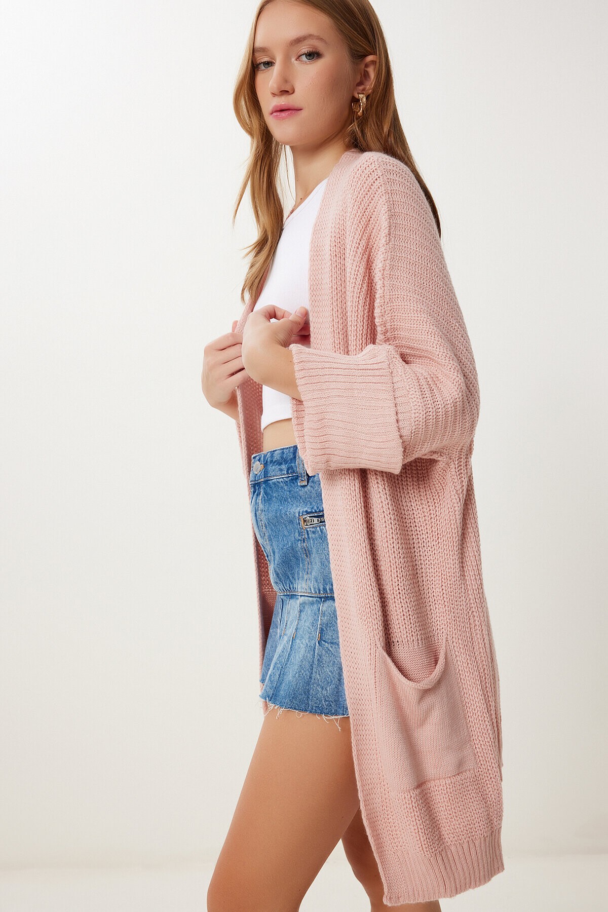 Oversize Uzun Cepli Triko Hırka PEMBE LAS0007