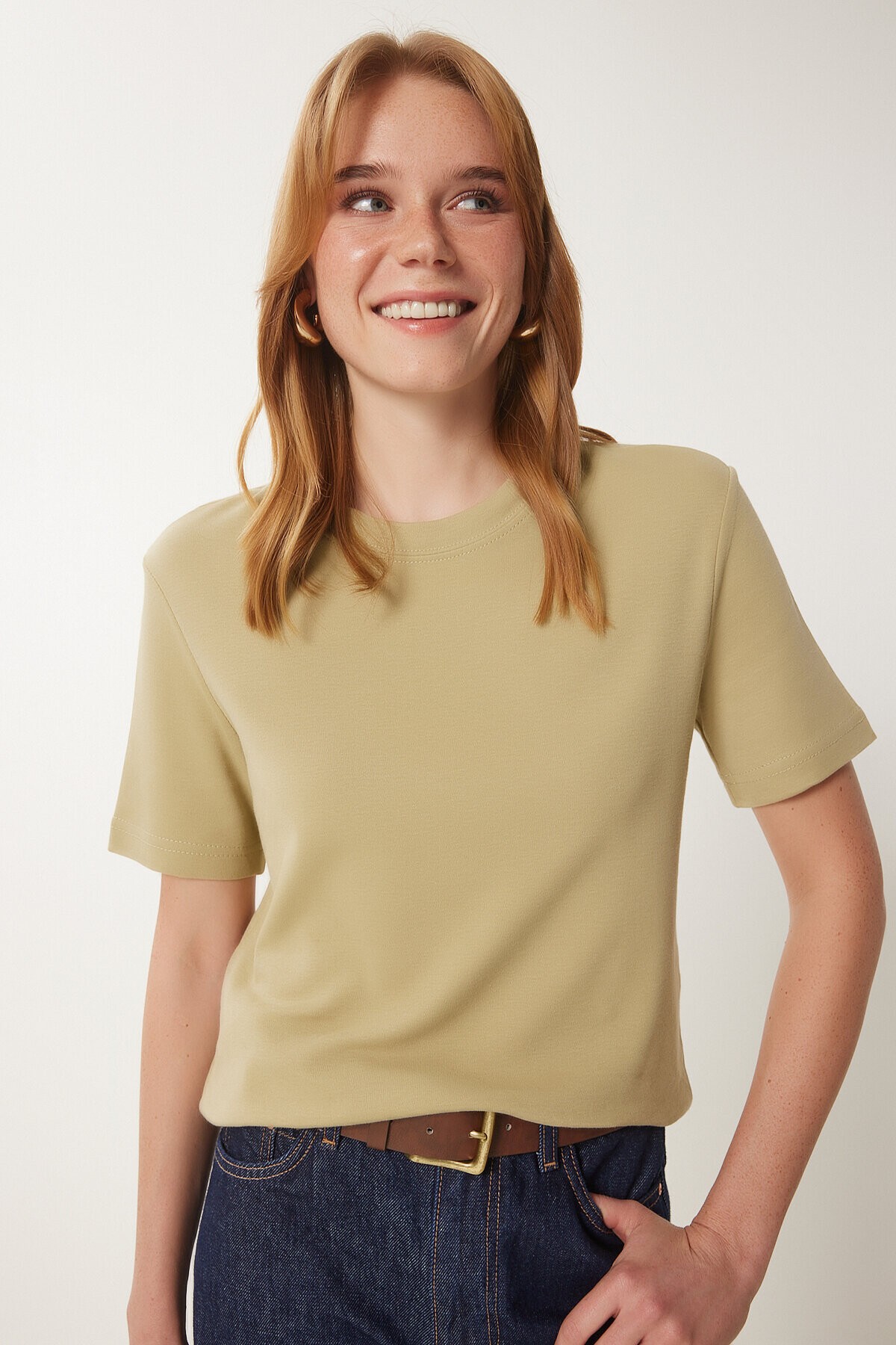 Pamuklu Basic Örme T-shirt BEJ LAG0001