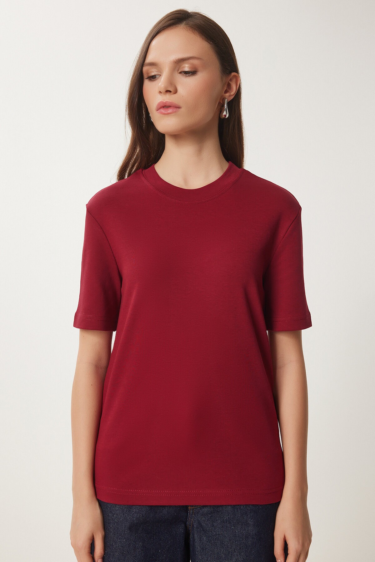 Pamuklu Basic Örme T-shirt BORDO LAG0001