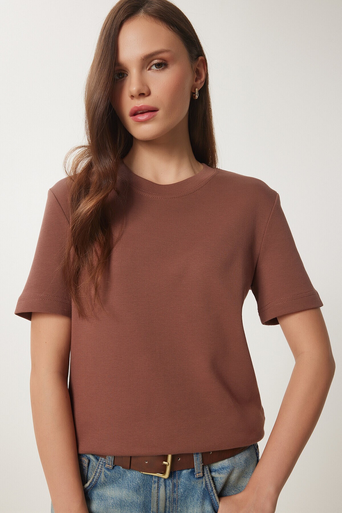 Pamuklu Basic Örme T-shirt KAHVERENGİ LAG0001
