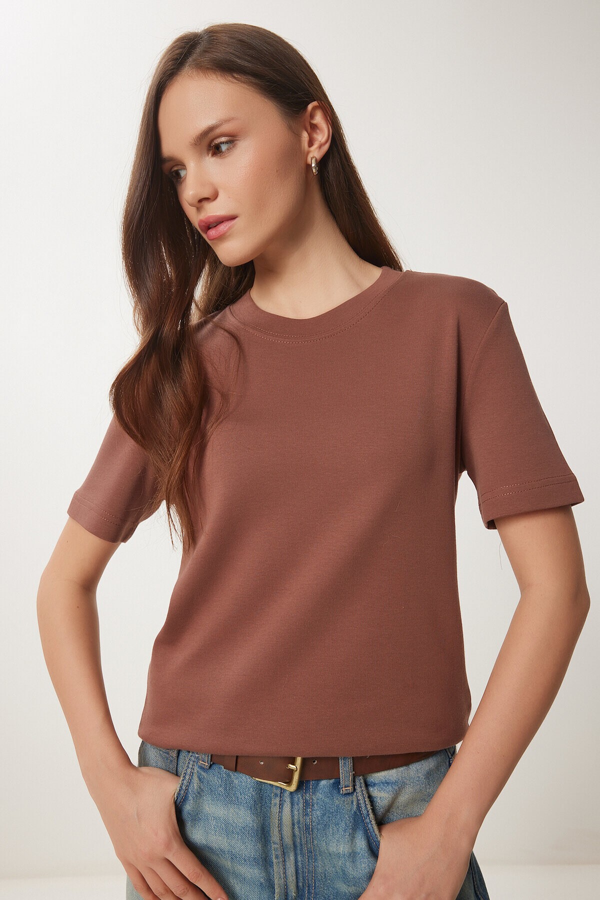 Pamuklu Basic Örme T-shirt KAHVERENGİ LAG0001
