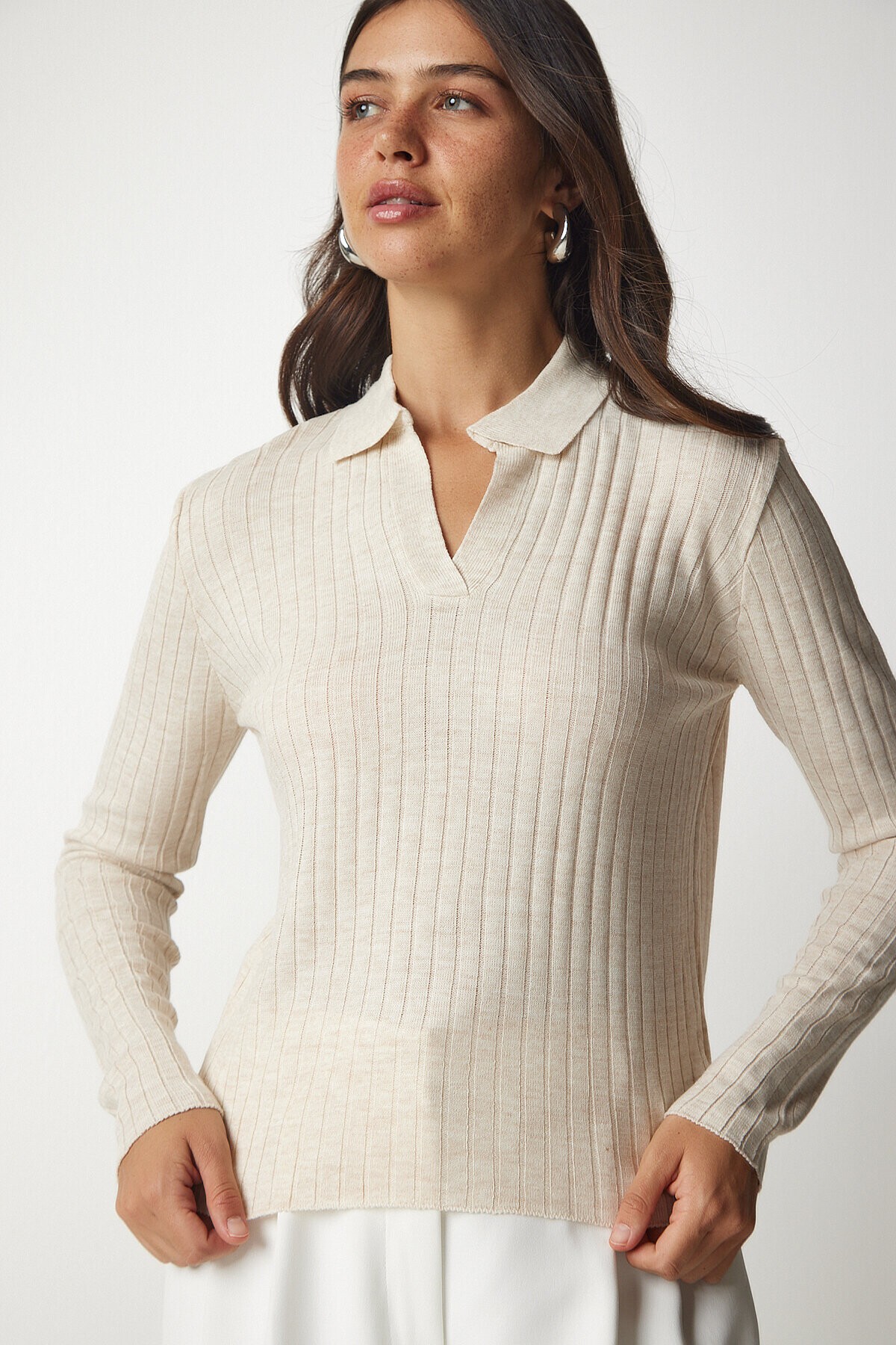 Polo Yaka Fitilli Triko Kazak KREM LBV0017
