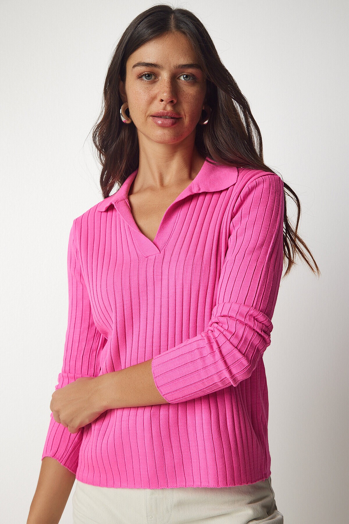 Polo Yaka Fitilli Triko Kazak PEMBE LBV0017