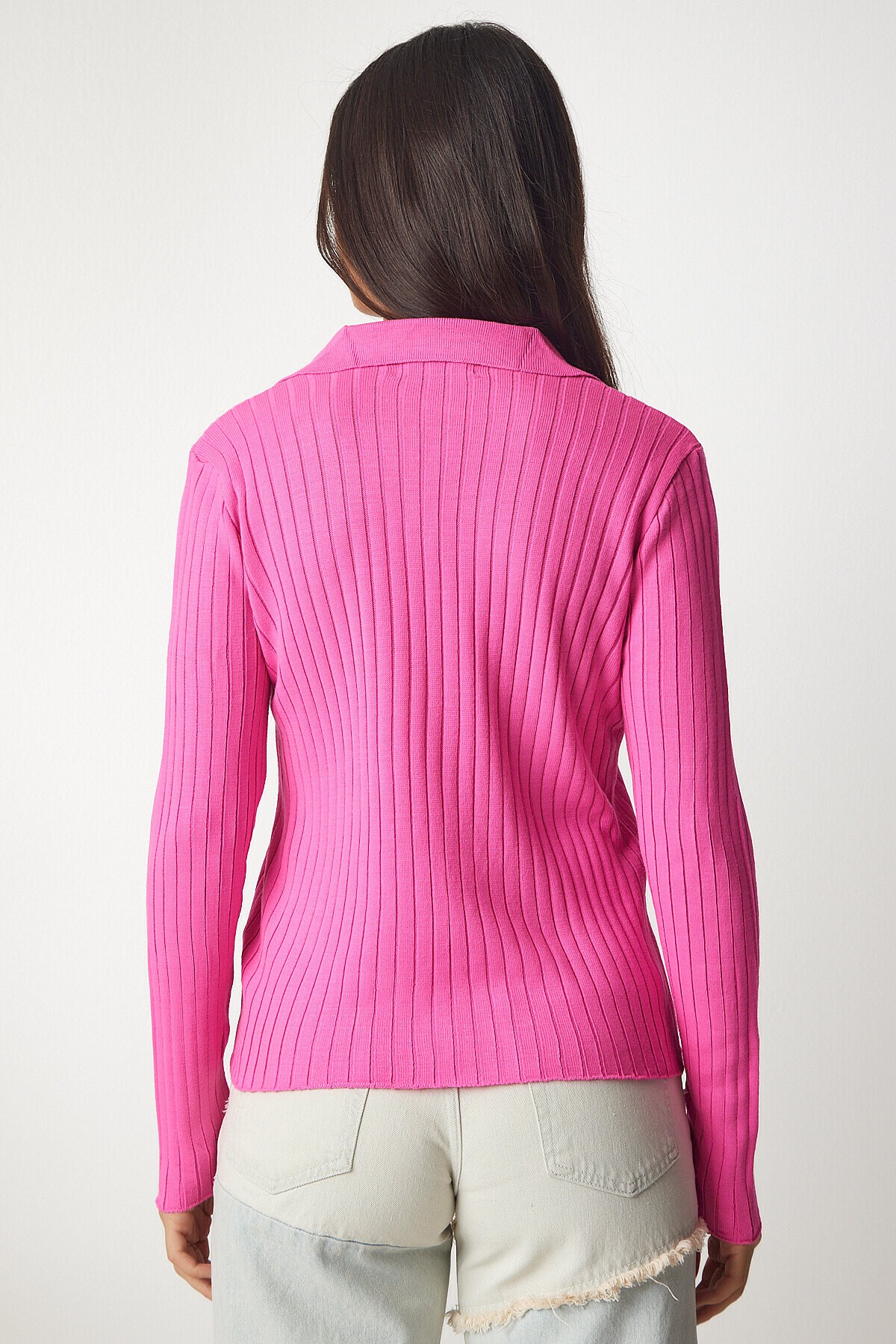 Polo Yaka Fitilli Triko Kazak PEMBE LBV0017