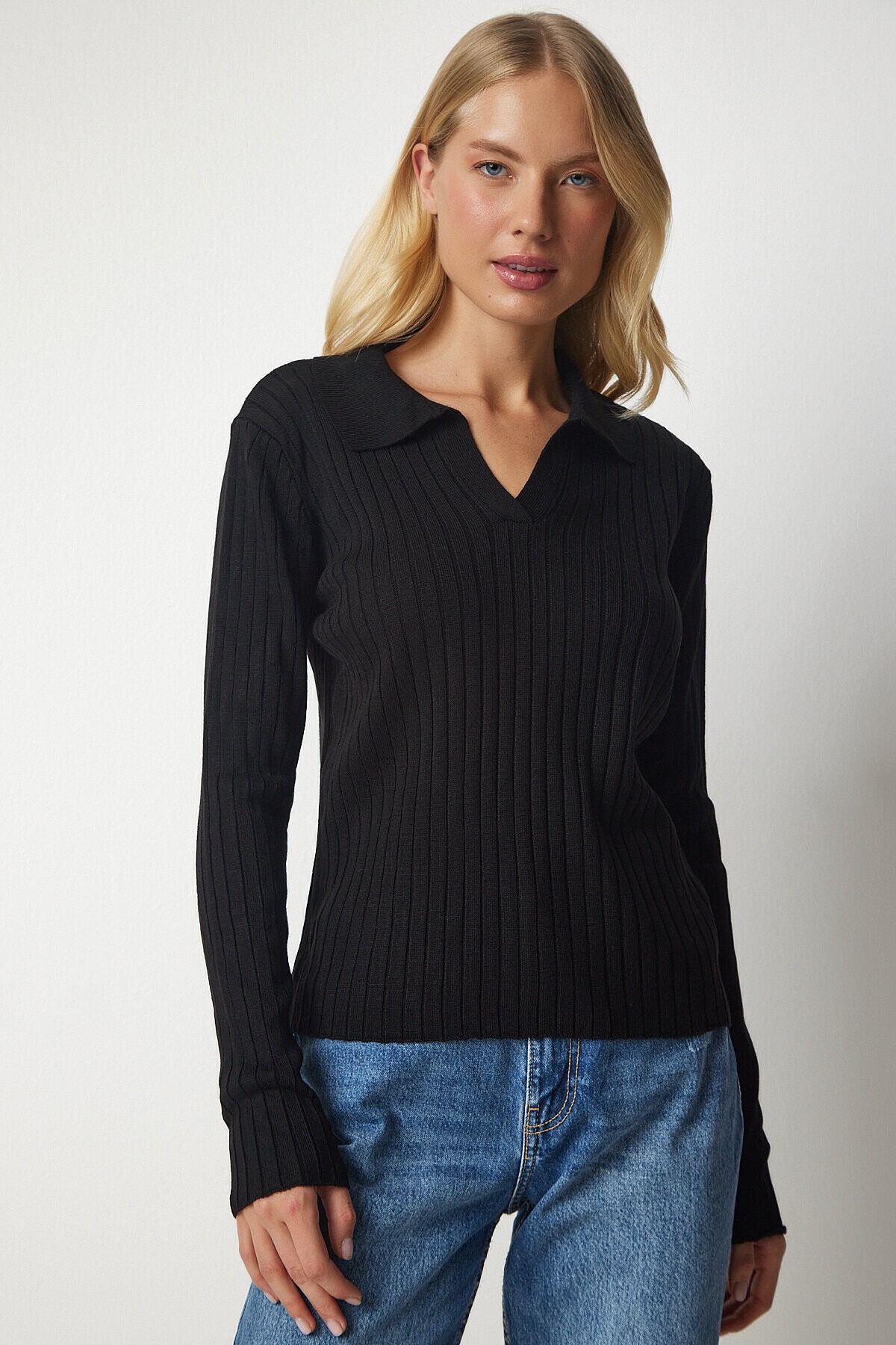 Polo Yaka Fitilli Triko Kazak SİYAH LBV0017