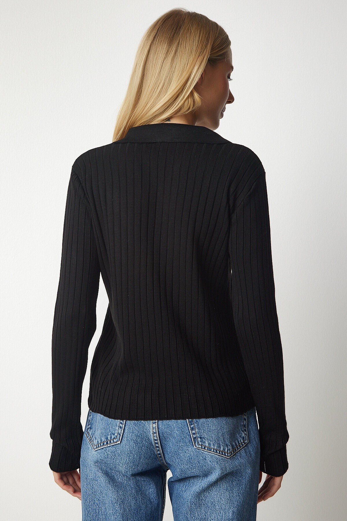 Polo Yaka Fitilli Triko Kazak SİYAH LBV0017