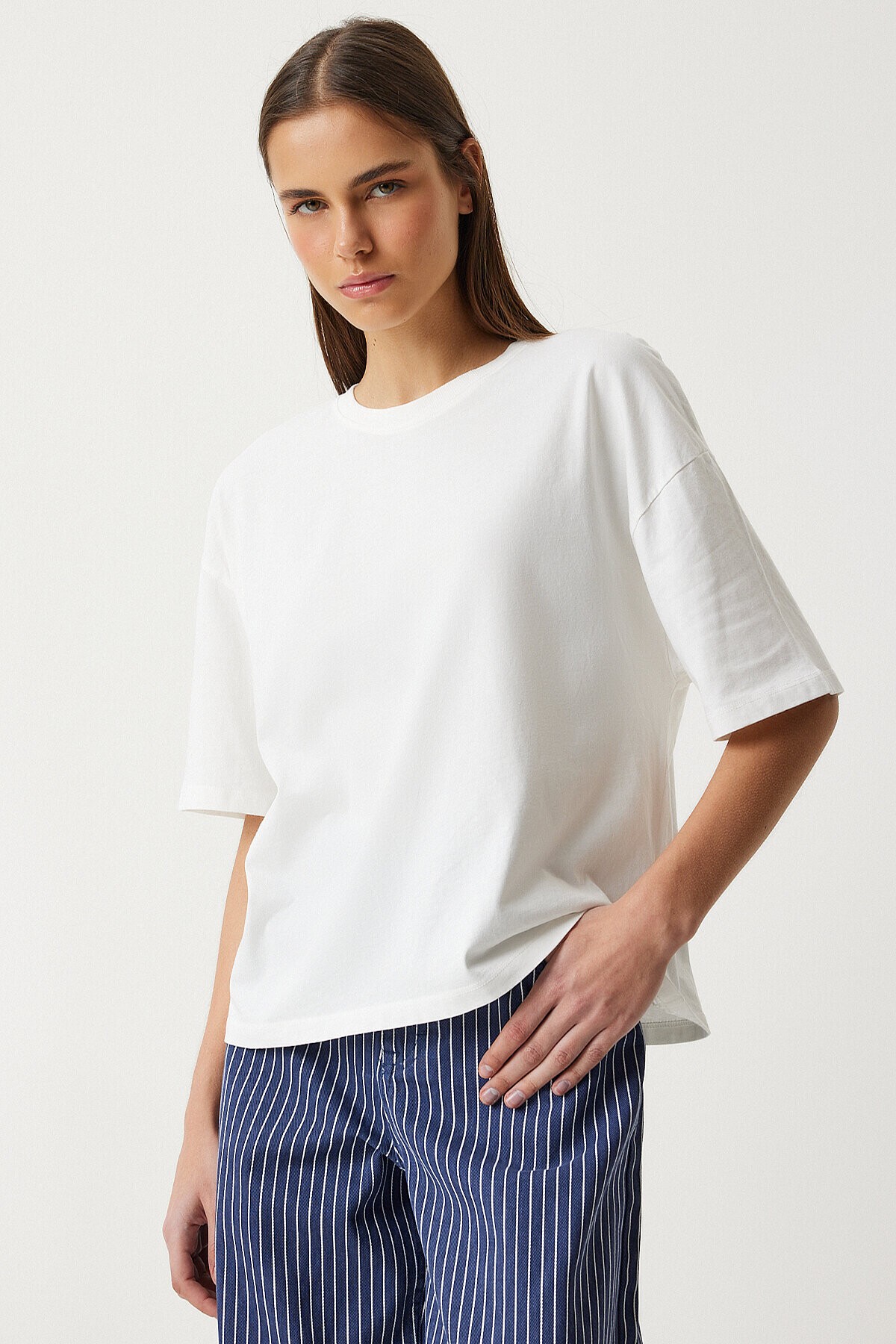 Premium Basic Oversize Örme T-shirt BEYAZ LAH0001