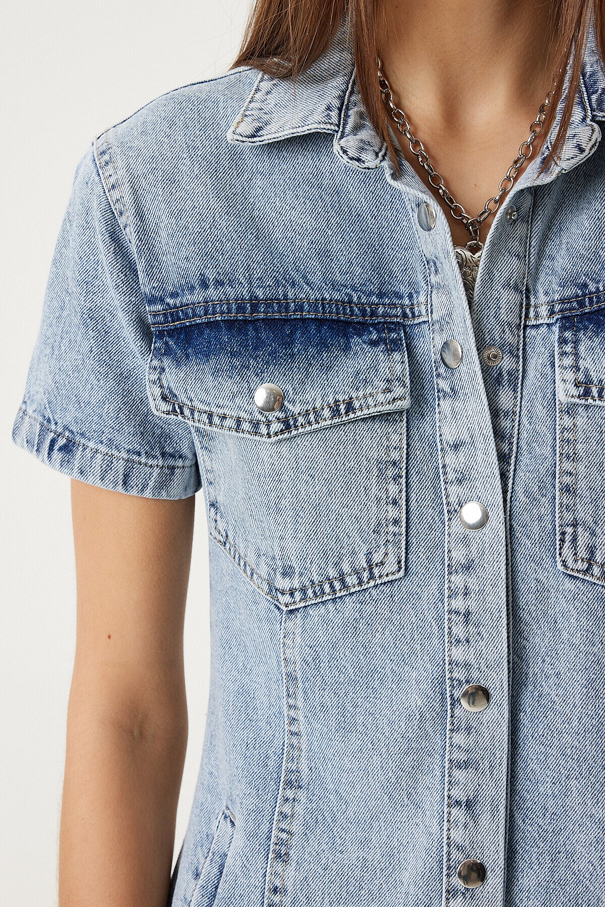 Püskül Detaylı Cepli Mini Denim Elbise ORTA MAVİ LAN0001