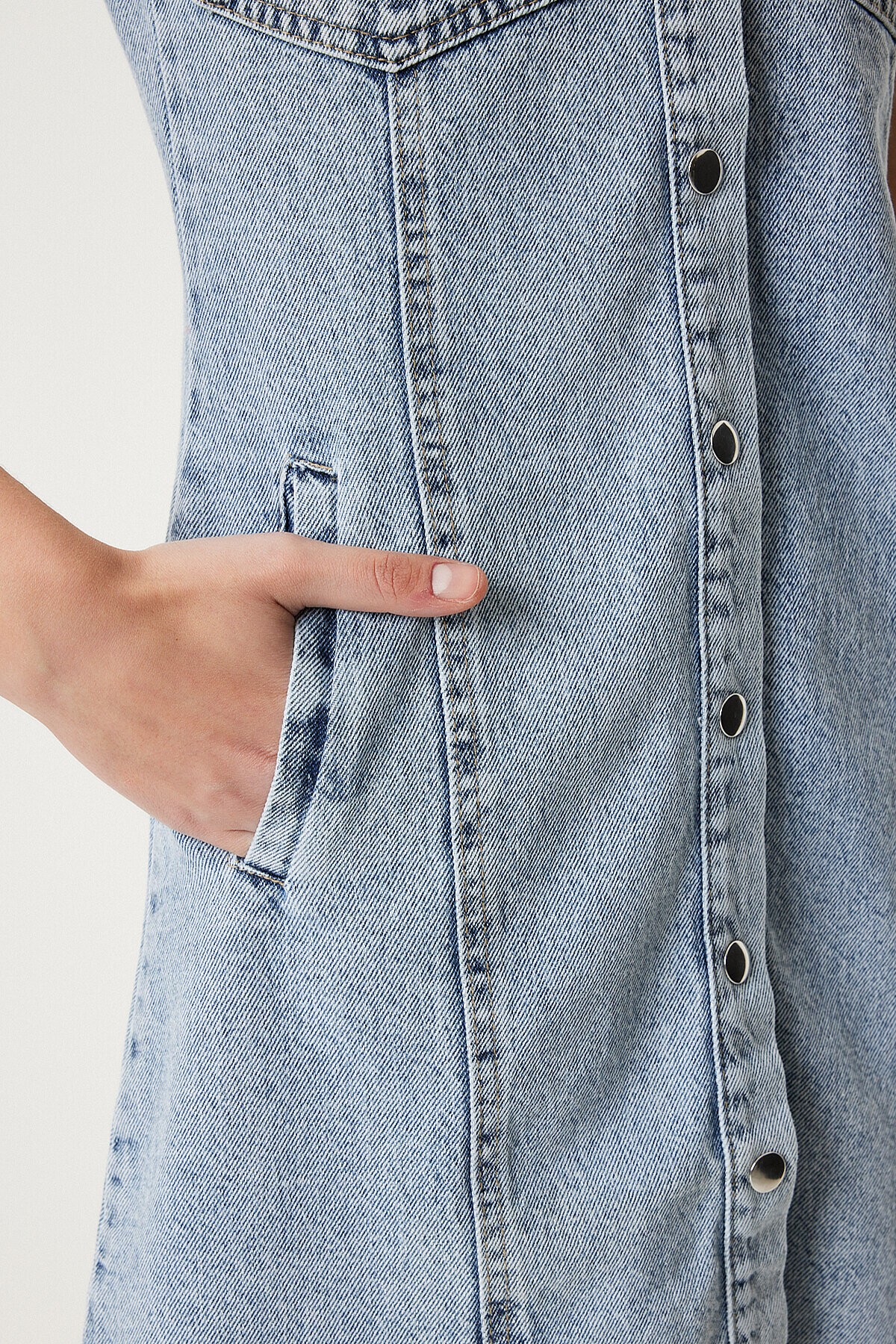 Püskül Detaylı Cepli Mini Denim Elbise ORTA MAVİ LAN0001