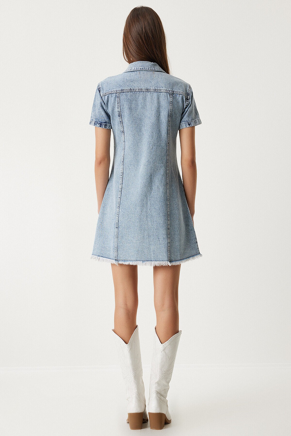 Püskül Detaylı Cepli Mini Denim Elbise ORTA MAVİ LAN0001
