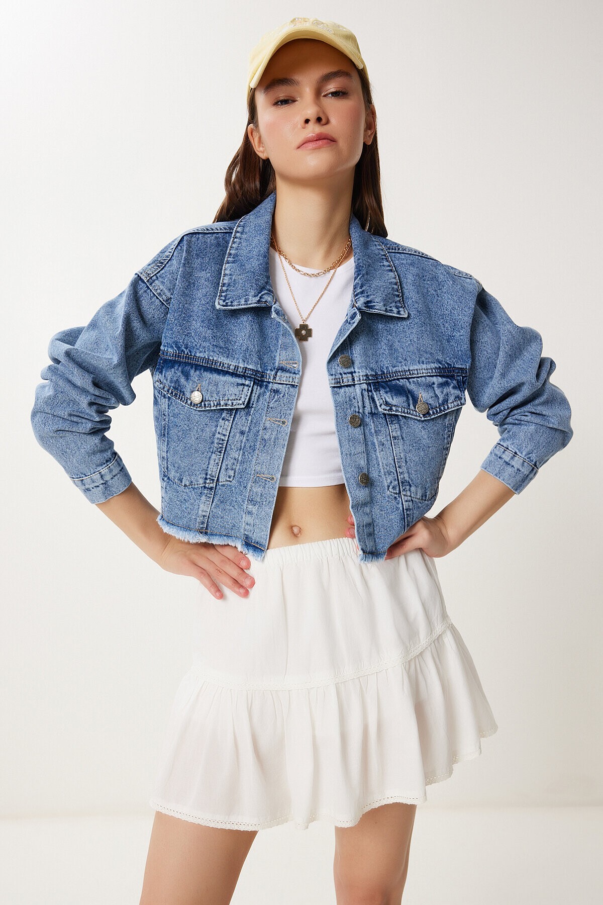 Püskül Detaylı Denim Crop Ceket AÇIK MAVİ LAN0014