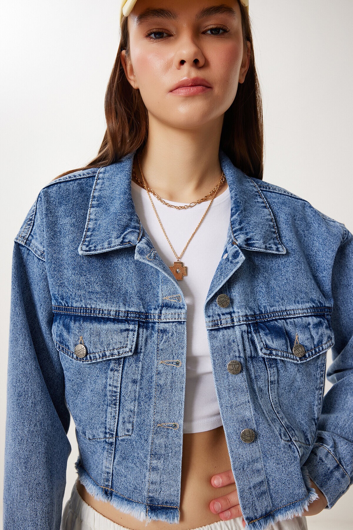 Püskül Detaylı Denim Crop Ceket AÇIK MAVİ LAN0014