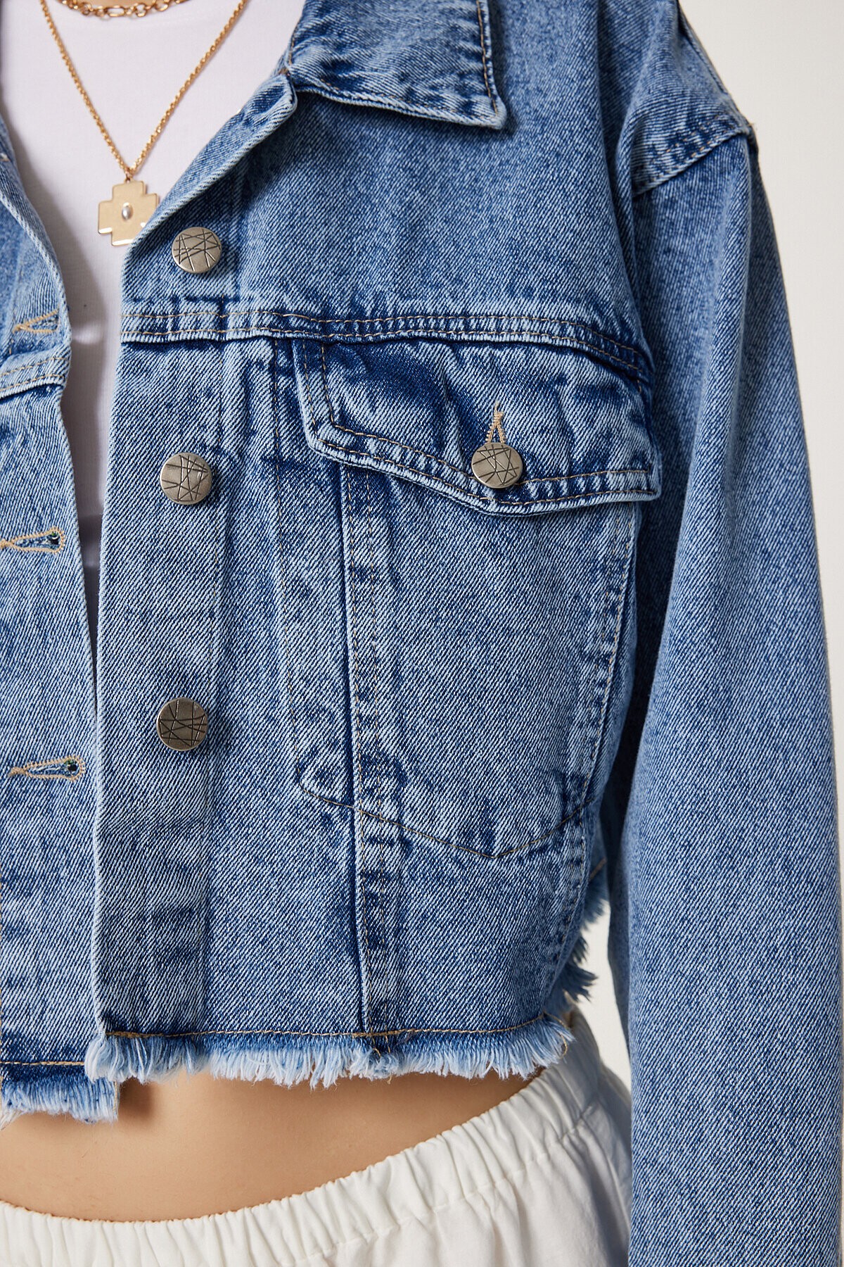 Püskül Detaylı Denim Crop Ceket AÇIK MAVİ LAN0014