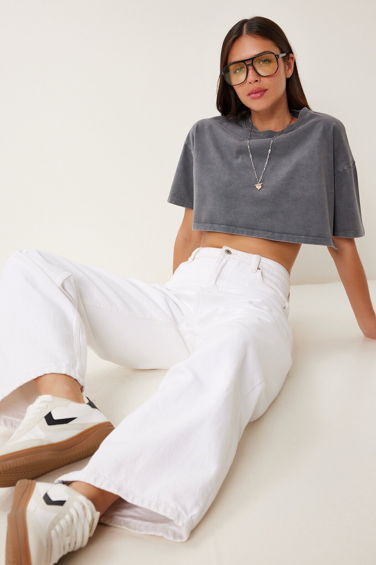 Soluk Efektli Pamuklu Crop Örme T-shirt ANTRASİT LBF0019