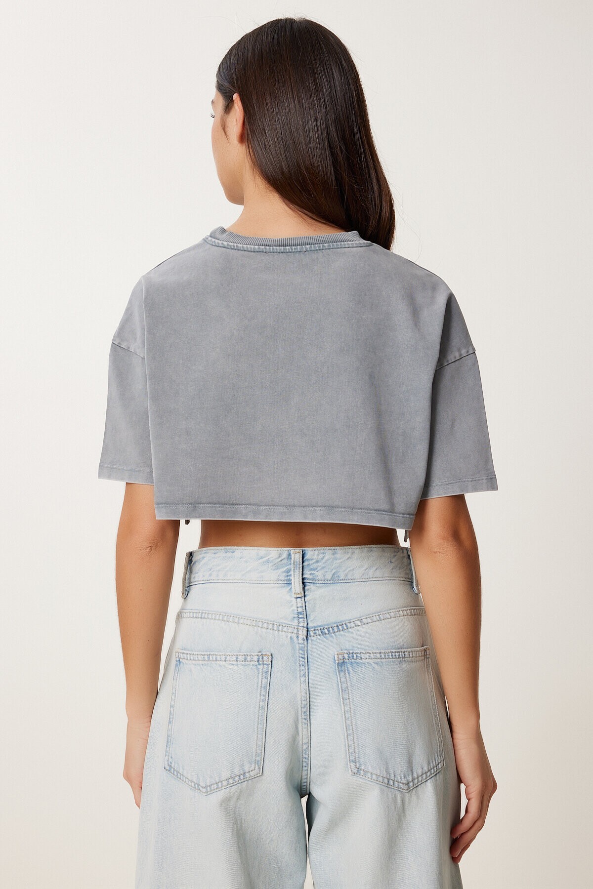 Soluk Efektli Pamuklu Crop Örme T-shirt FÜME LBF0019