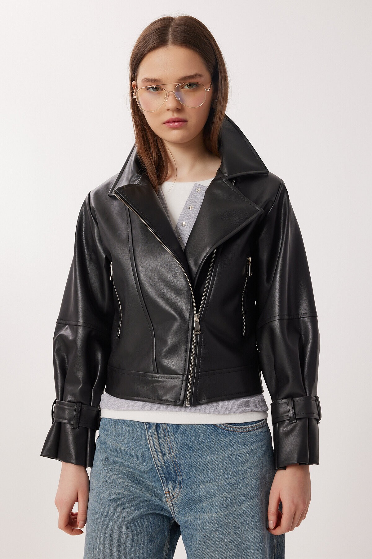 Suni Deri Biker Ceket SİYAH LAX0007