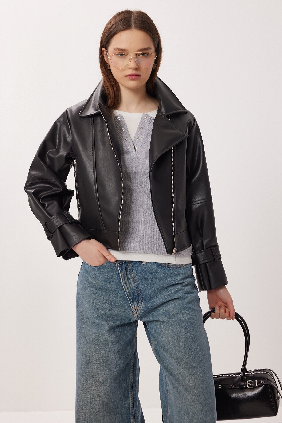 Suni Deri Biker Ceket SİYAH LAX0007
