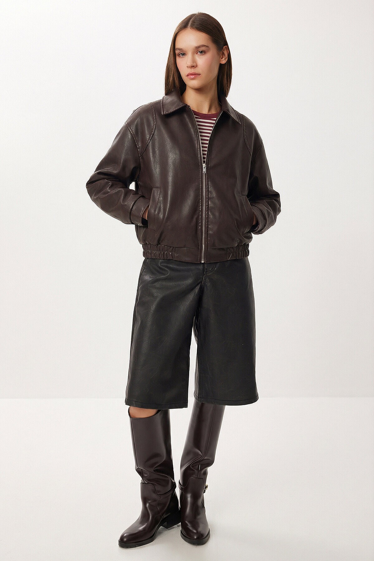 Suni Deri Bomber Ceket KAHVERENGİ LAX0002