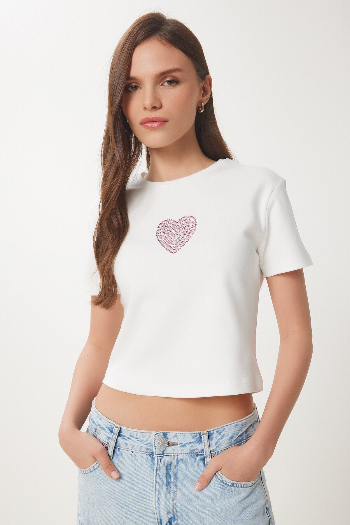 Taşlı Kalp Detaylı Crop Örme T-shirt EKRU LBV0058