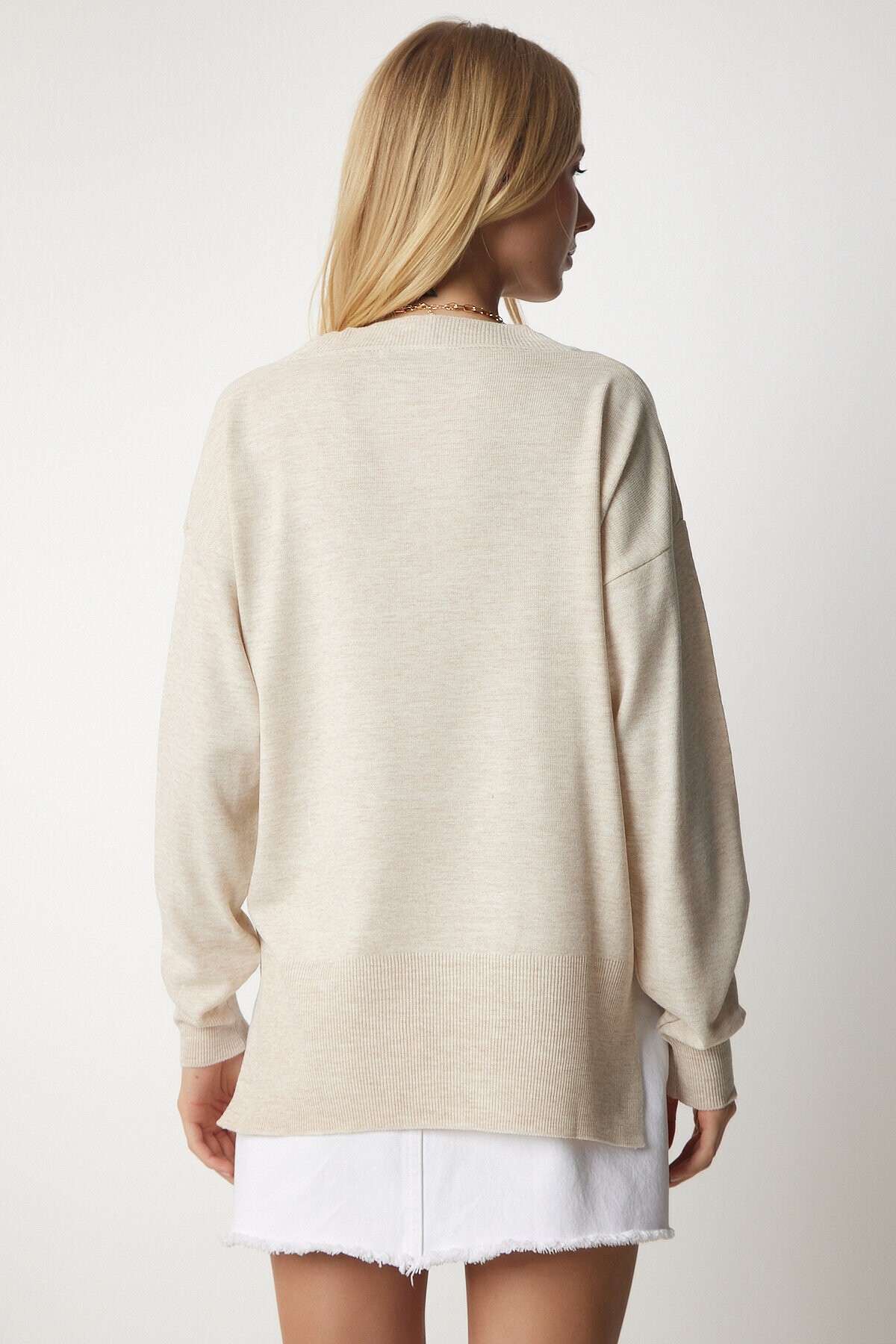 V Yaka Oversize Triko Kazak KREM LBV0026