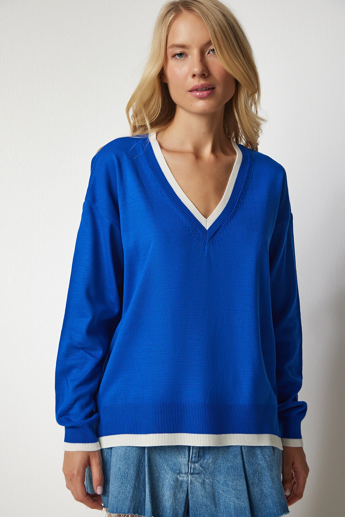 V Yaka Oversize Triko Kazak MAVİ LBV0022