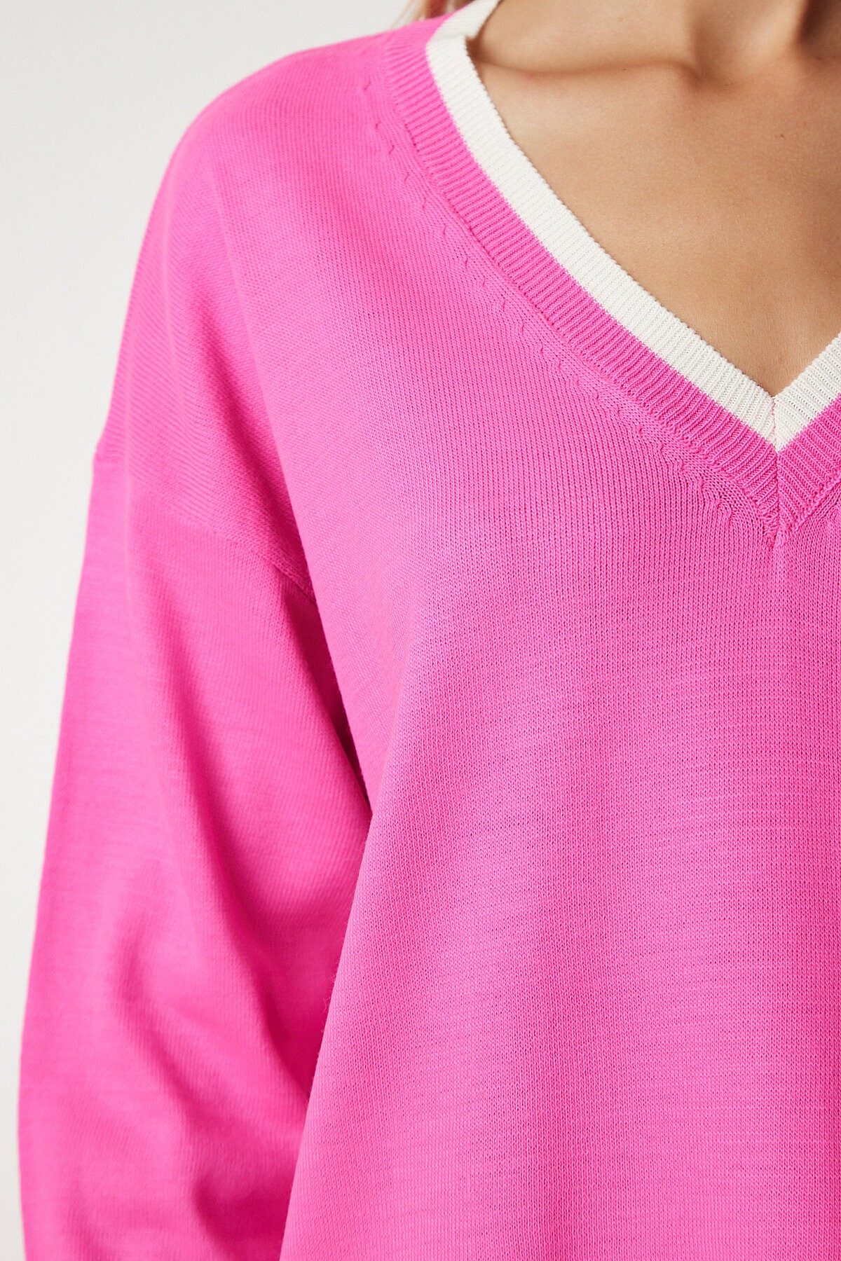 V Yaka Oversize Triko Kazak PEMBE LBV0022