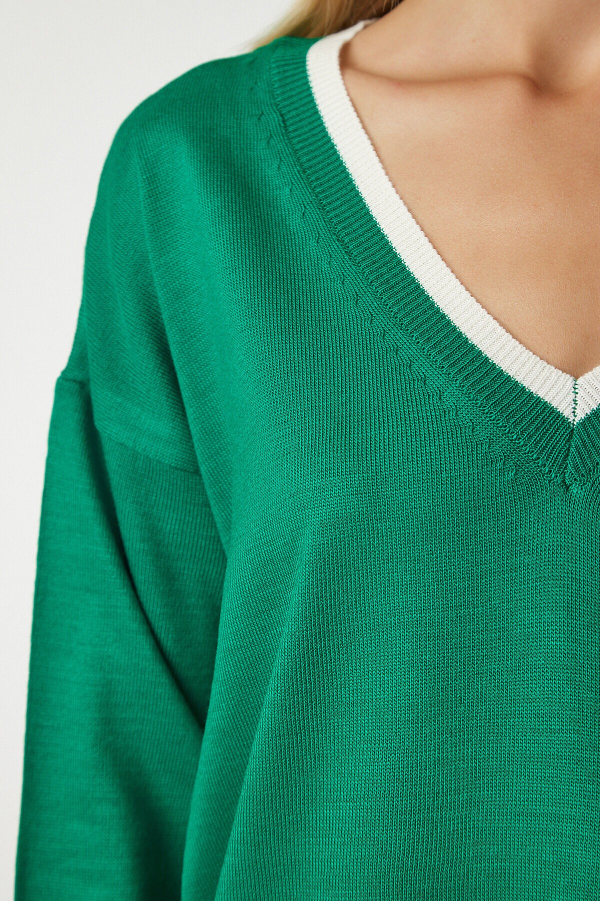 V Yaka Oversize Triko Kazak YEŞİL LBV0022