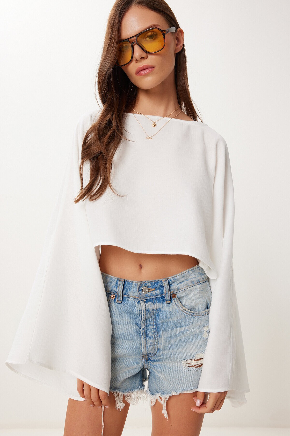 Yarasa Kollu Crop Müslin Bluz EKRU HRG0001