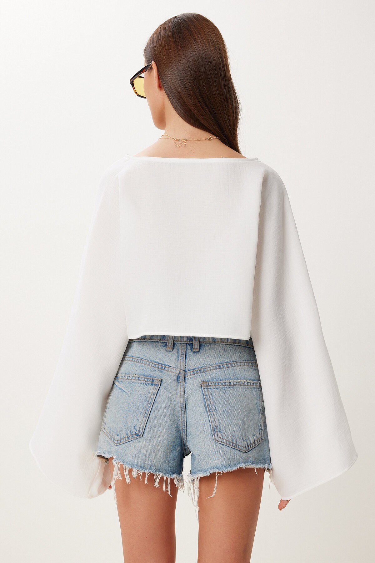 Yarasa Kollu Crop Müslin Bluz EKRU HRG0001