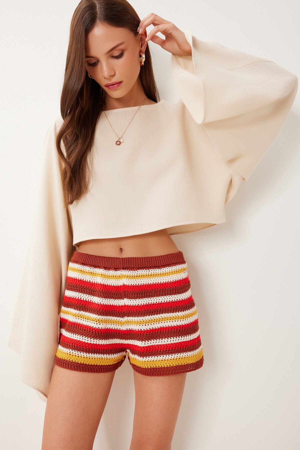 Yarasa Kollu Crop Müslin Bluz KREM HRG0001