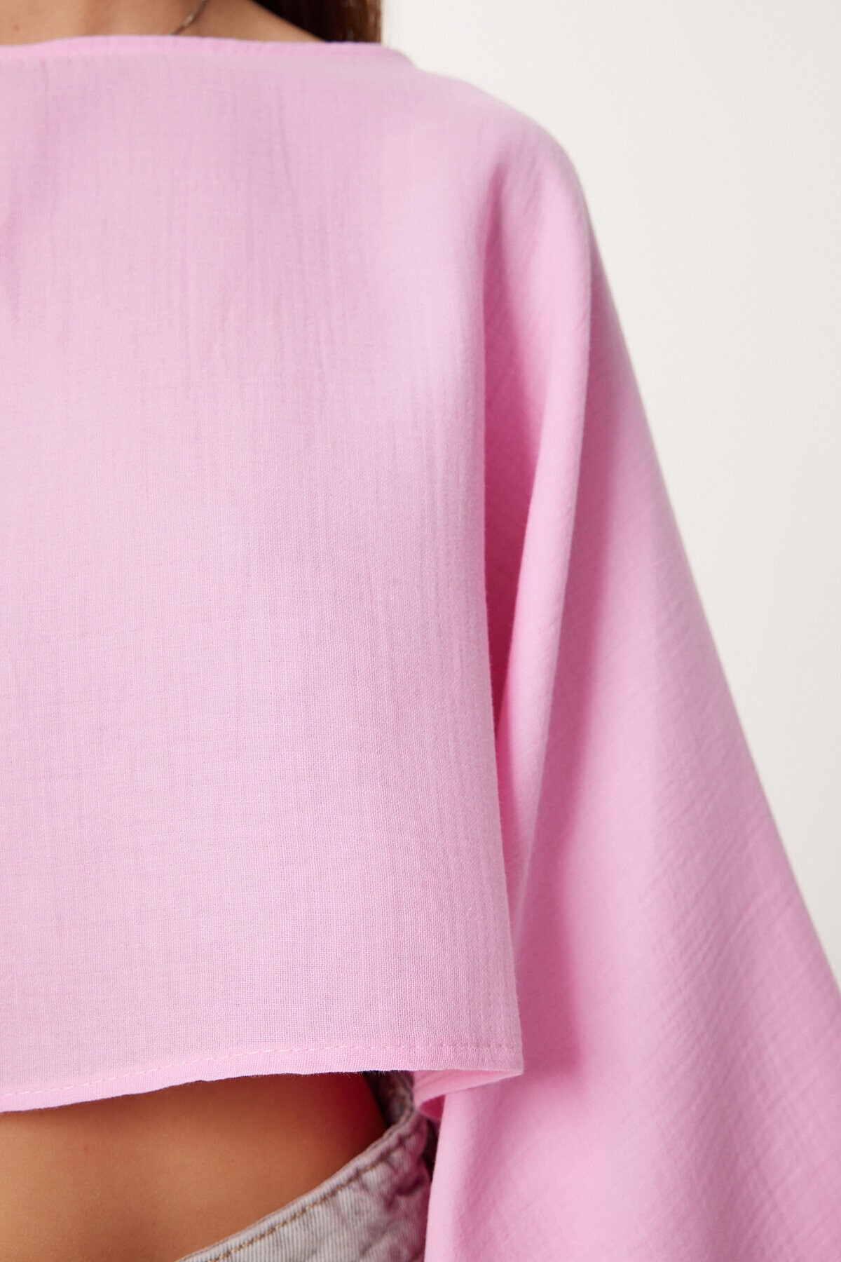 Yarasa Kollu Crop Müslin Bluz PEMBE HRG0001