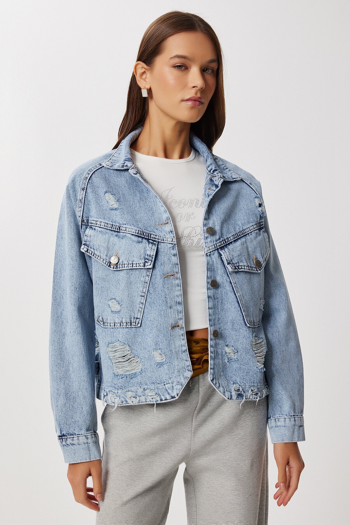 Yırtık Detaylı Denim Ceket AÇIK MAVİ LAN0074