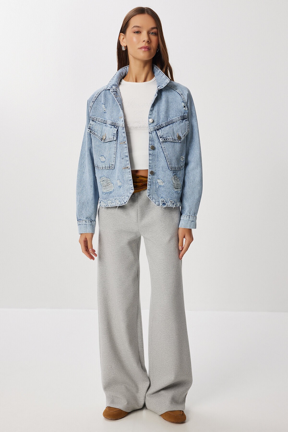 Yırtık Detaylı Denim Ceket AÇIK MAVİ LAN0074