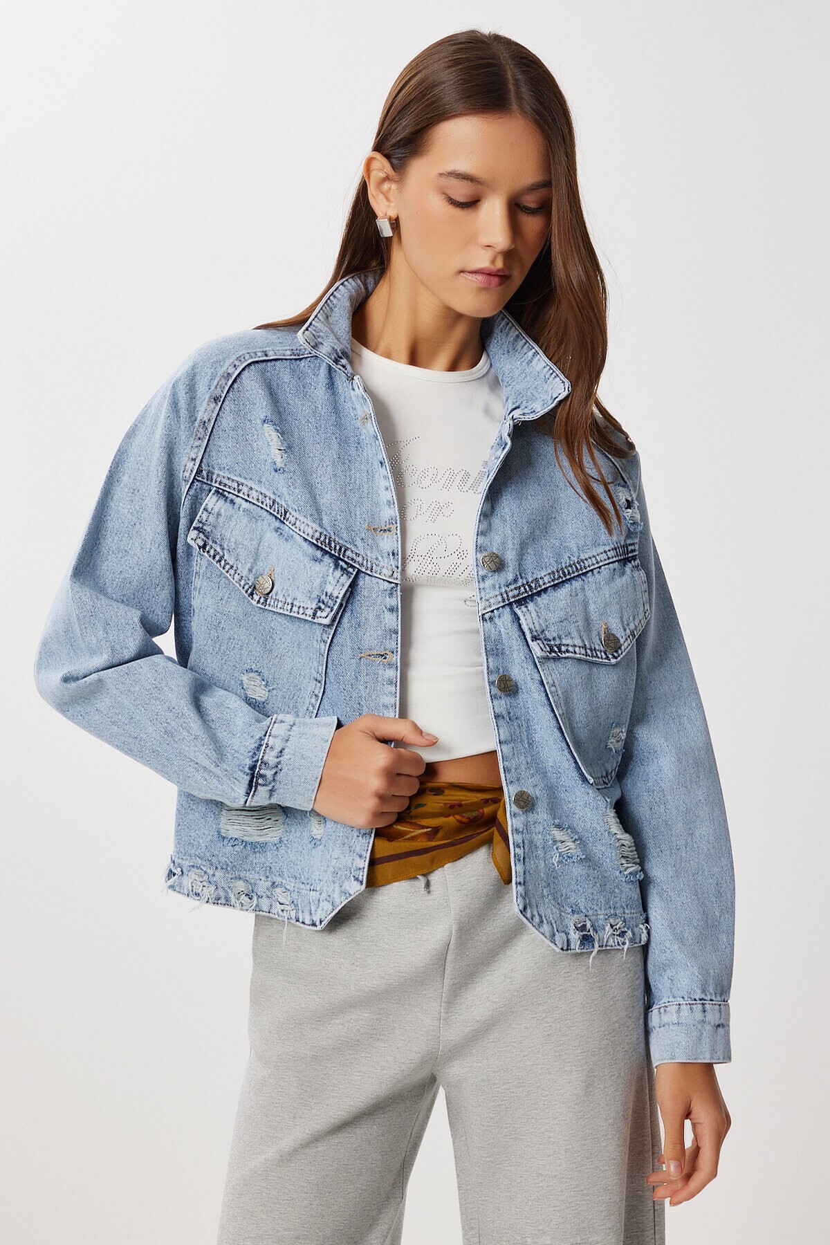 Yırtık Detaylı Denim Ceket AÇIK MAVİ LAN0074
