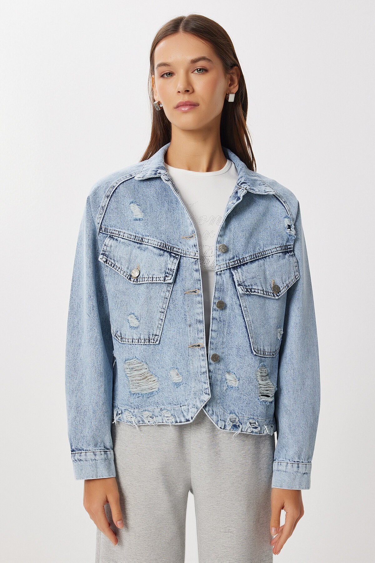 Yırtık Detaylı Denim Ceket AÇIK MAVİ LAN0074