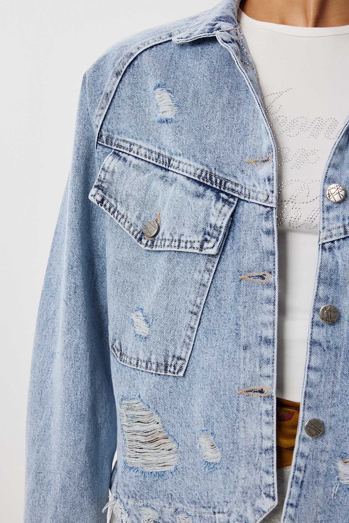 Yırtık Detaylı Denim Ceket AÇIK MAVİ LAN0074