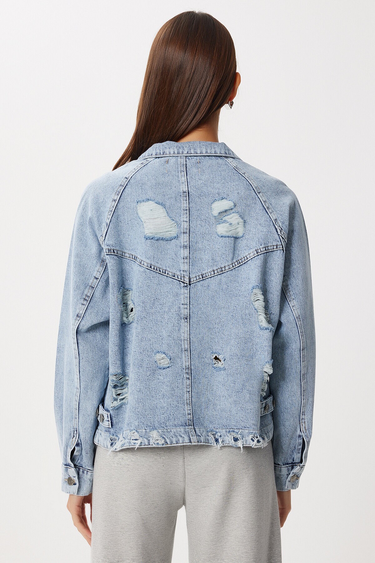 Yırtık Detaylı Denim Ceket AÇIK MAVİ LAN0074