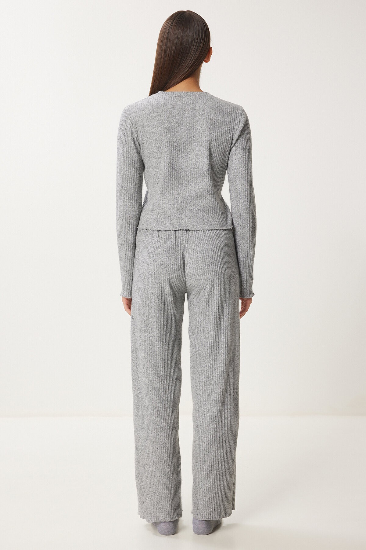 Yumoş Crop Bol Pantolon Örme Takım GRİ MELANJ LAN0022