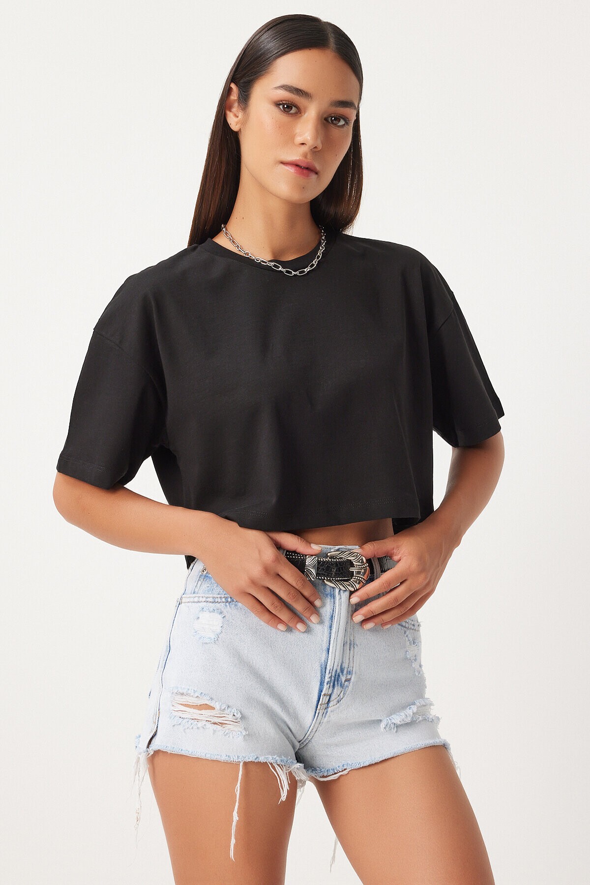 %100 Pamuk Oversize Crop Örme T-shirt SİYAH LBP0022