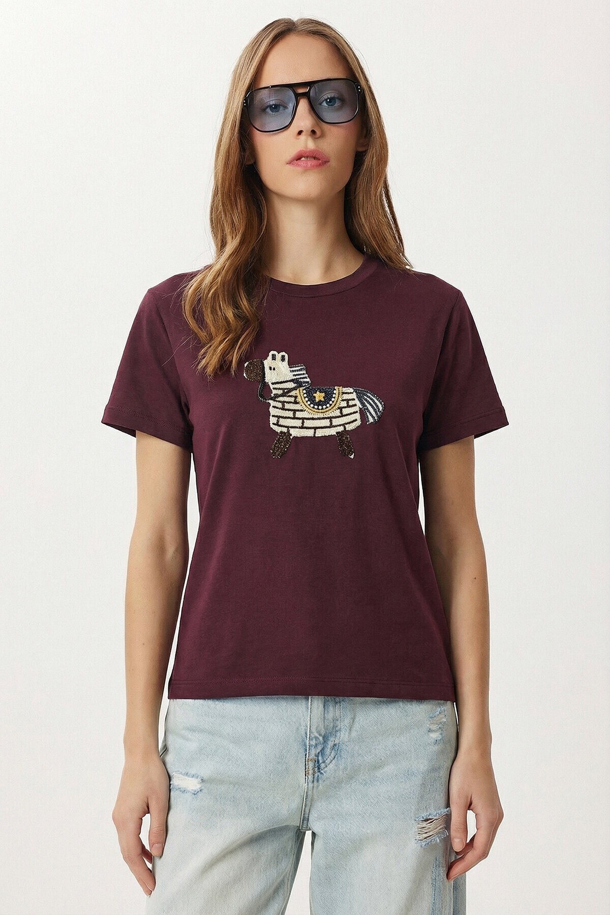 Armalı Nakışlı Pamuklu Örme T-shirt MÜRDÜM LCR0114