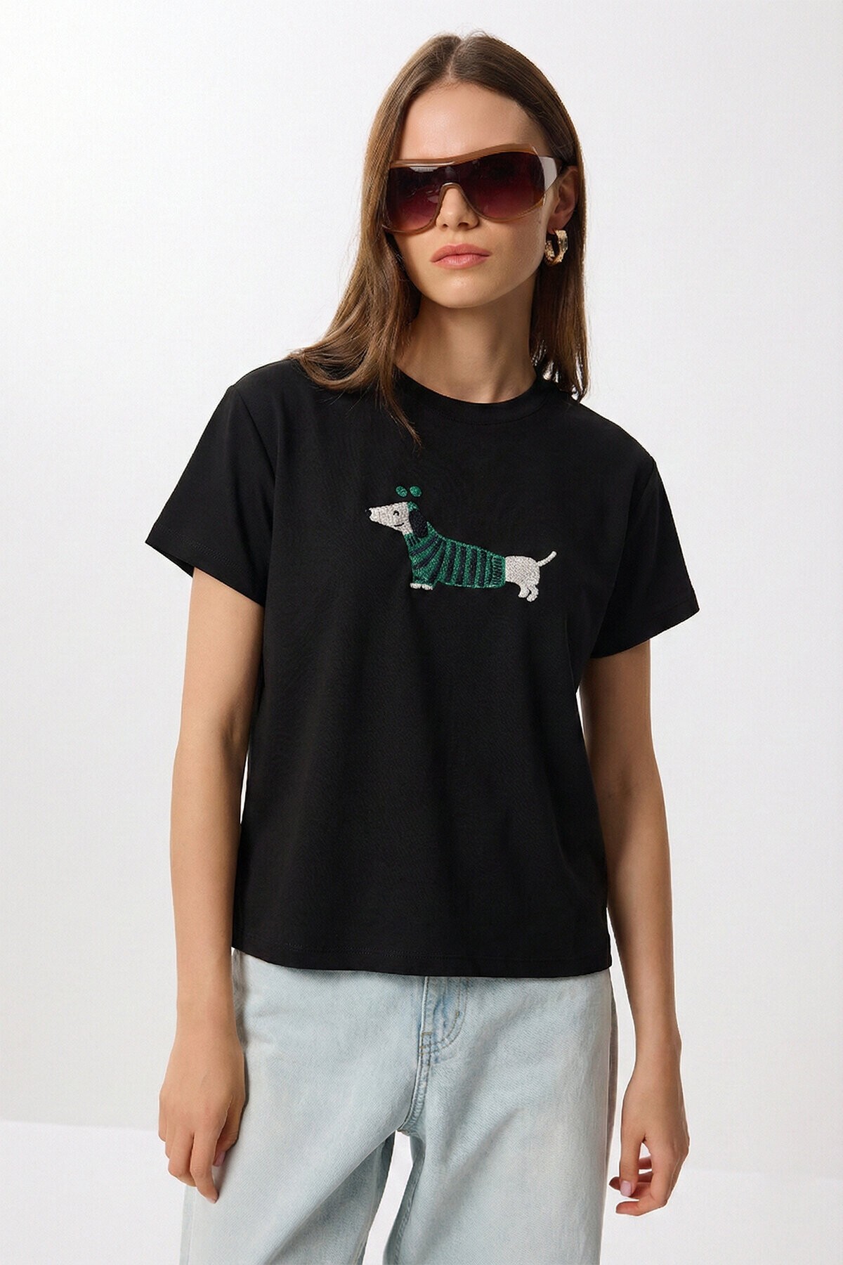 Armalı Nakışlı Pamuklu Örme T-shirt SİYAH LCR0115